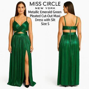 Miss Circle New York Metallic Emerald Green Pleated Cut-Out Maxi Dress Size S